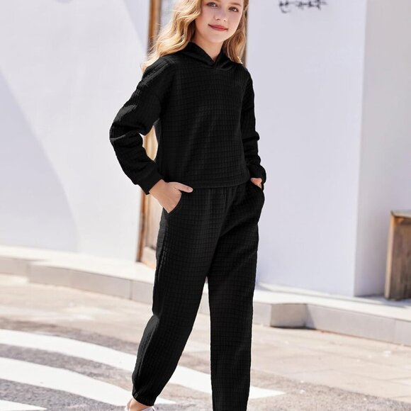 Girls 2 Piece Outfit Waffle Knit Pullover Hooded Sweatshirt and Sweatpants Sets - Picture 3 of 7